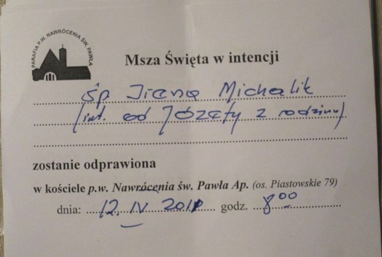 <p>Dnia 7.10.2010 r. odeszła do Pana<br />ukochana żona i mama<br />ś+p<br />Irena Michalik<br />Msza żałobna odprawiona zostanie<br />we wtorek, 12.10.2010 r. o godz. 10.30<br />w kościele pw. Nawrócenia św. Pawła na os. Piastowskim.<br />Pogrzeb tego samego dnia o godz. 12.45<br />na cmentarzu Miłostowo od ul. Warszawskiej.<br />Pogrążeni w smutku<br />mąż i synowie</p>