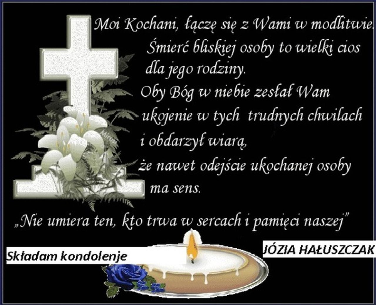 <p>Z głębokim żalem zawiadamiamy, że 31 marca 2017 r.<br />w wieku 49 lat odeszła od nas<br />ukochana Córka i Siostra</p>
<p><span>ś</span><span>†</span><span>p</span><br />Alina Klemt</p>
<p>Pogrzeb odbędzie się w środę 5 kwietnia 2017 r.<br />o godzinie 13.00 na cmentarzu komunalnym w Sulechowie.<br />Msza święta w intencji Zmarłej zostanie odprawiona<br />w dniu pogrzebu o godzinie 11.00 w kościele<br />pw. Podwyższenia Krzyża w Sulechowie.</p>
<p>Pogrążeni w smutku<br />rodzice i siostra</p>