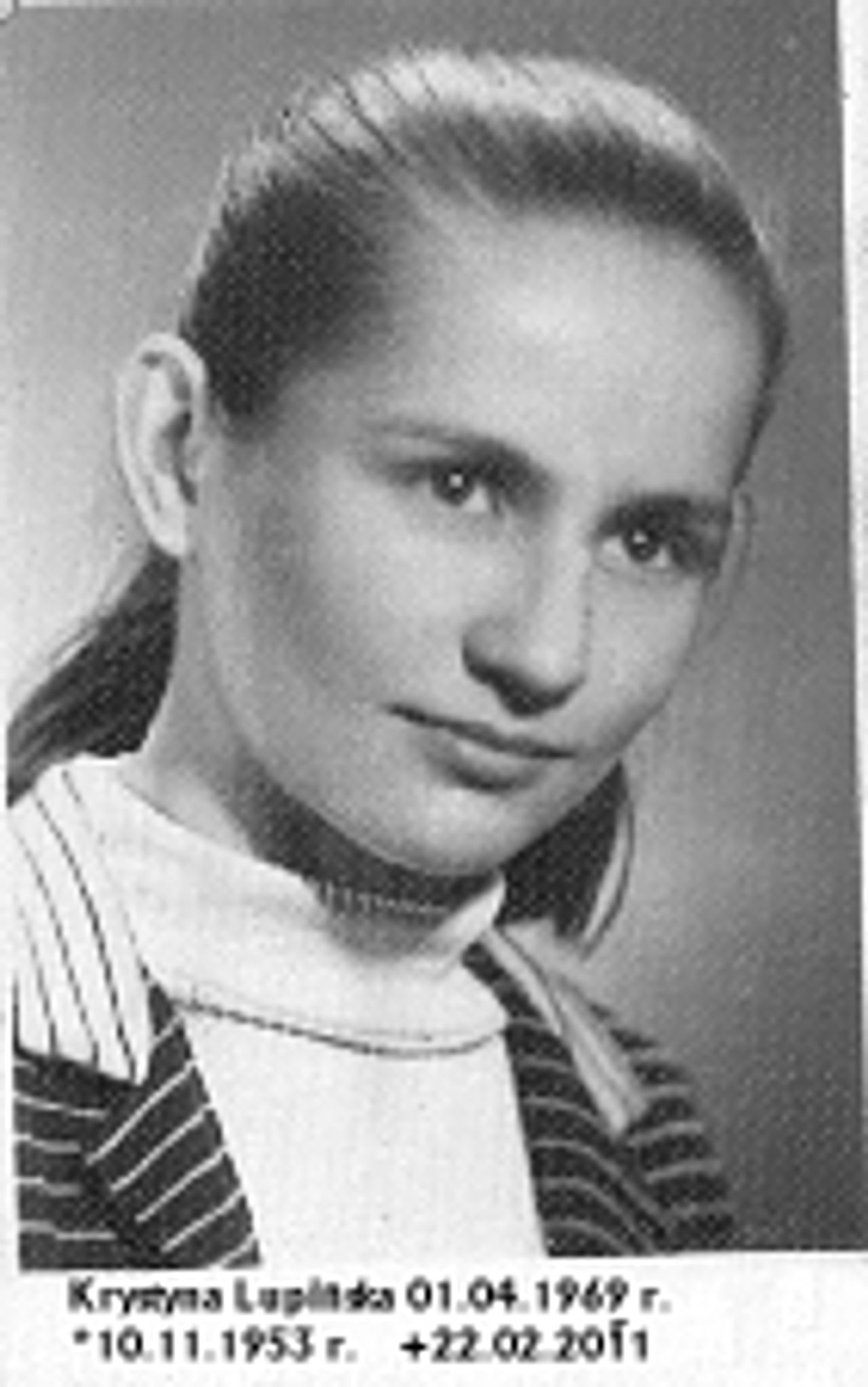 <p>Z głębokim żalem zawiadamiamy,<br />że dnia 22.2.2011 r. po ciężkiej<br />chorobie odeszła do Pana ukochana Żona<br />ś+p<br />Krystyna Lupińska<br />-Jankowiak<br />lat 57<br />Ceremonia pogrzebowa rozpocznie się mszą świętą<br />we wtorek, 1.3.br. o godzinie 11.30 w kościele<br />pw. Chrystusa Odkupiciela na os. Warszawskim,<br />ul. Trzemeszeńska 20. Pogrzeb tego samego dnia<br />o godzinie 13.50 na cmentarzu junikowskim.<br />W smutku pogrążeni Mąż, Brat Ryszard z żoną i dziećmi</p>