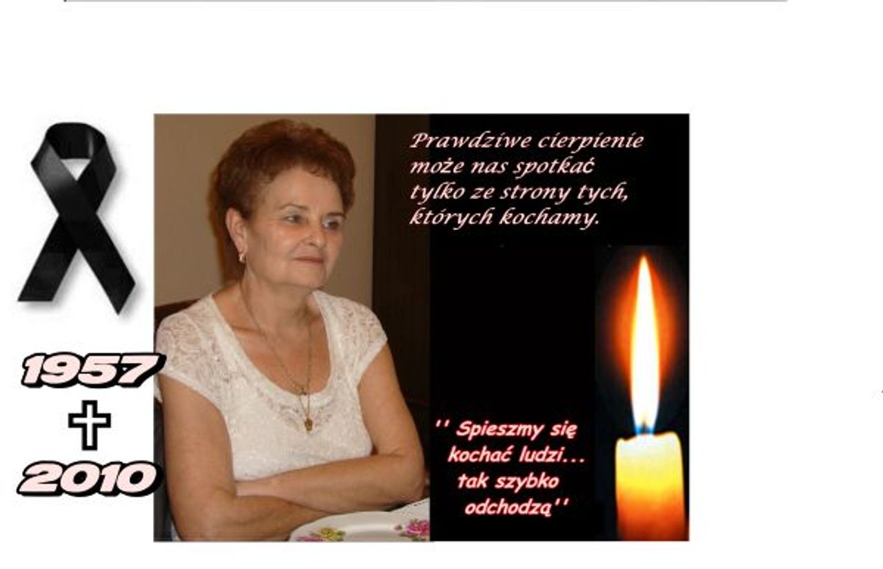 <p>Z głębokim żalem zawiadamiamy, że dnia 8 stycznia 2010 r.<br />zmarła nasza kochana Córka, Mama, Teściowa, Babcia i Siostra<br />ś + p<br />Ewa Wiecheć<br />Pogrzeb odbędzie się 14 stycznia 2010 r. o godzinie 12.00<br />na cmentarzu parafialnym w Kicinie.<br />W smutku pogrążona<br />Rodzina</p>