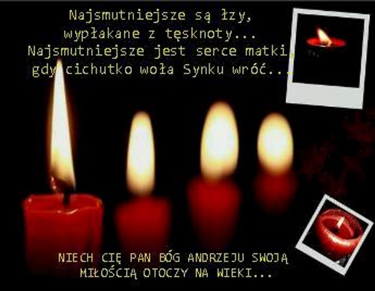 <p><em>„Nigdy dla nikogo z nas nie umarłeś naprawdę, będziesz żył w naszych myślach i rozdartych sercach, bo Ty żyłeś prawdziwie.”</em></p>
<p>Z głębokim żalem zawiadamiamy, że 04 września 2013r , zginął tragicznie w wieku 32 lat, nasz kochany SYN i BRAT</p>
<h4>ŚP. ANDRZEJ WOJCIECHOWSKI</h4>
<p>Pogrzeb odbędzie się we wtorek, 10 września 2013r.o godz.11:10 na cmentarzu (stary) przy ul. Wrocławskiej w Zielonej Górze. Wystawienie ciała w kaplicy o godz. 10:40</p>
<p>Pogrążona w żałobie rodzina</p>
<p>Prosimy o nieskładanie kondolencji</p>