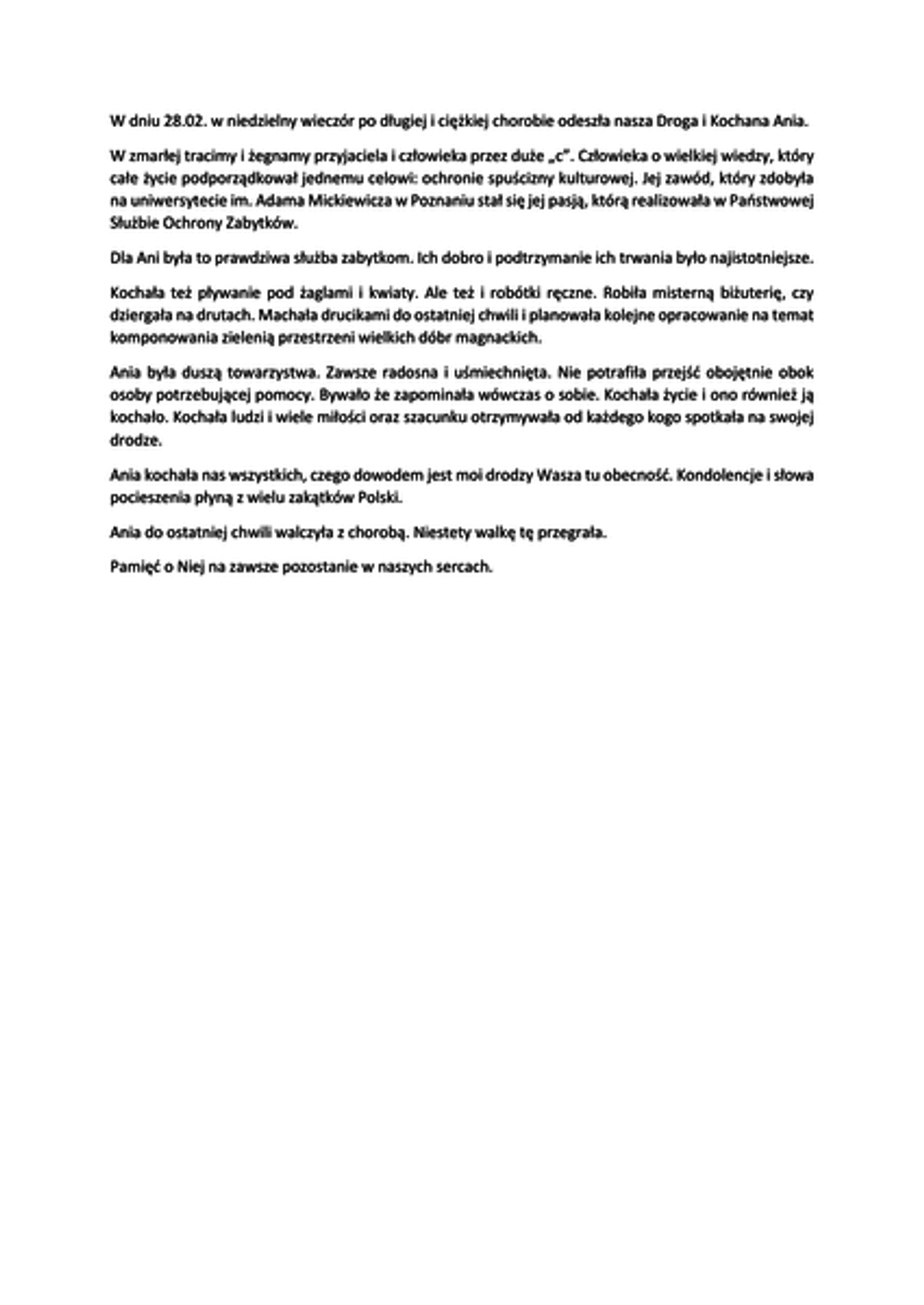 <p>Z wielkim smutkiem zawiadamiamy, że w dniu 28 lutego 2016 roku, przeżywszy<br />lat 57, zmarła</p><p>ŚP<br />Anna Fabiańczyk</p><p>Msza żałobna zostanie odprawiona 3.03.2016 r. o godz. 13.00 w kościele<br />św. Michała w Katowicach przy ul. Gawronów. Po mszy św. Prochy Drogiej<br />Zmarłej zostaną odprowadzone na cmentarz Ewangelicki przy ul. Francuskiej.</p><p>Brat z Rodziną</p>