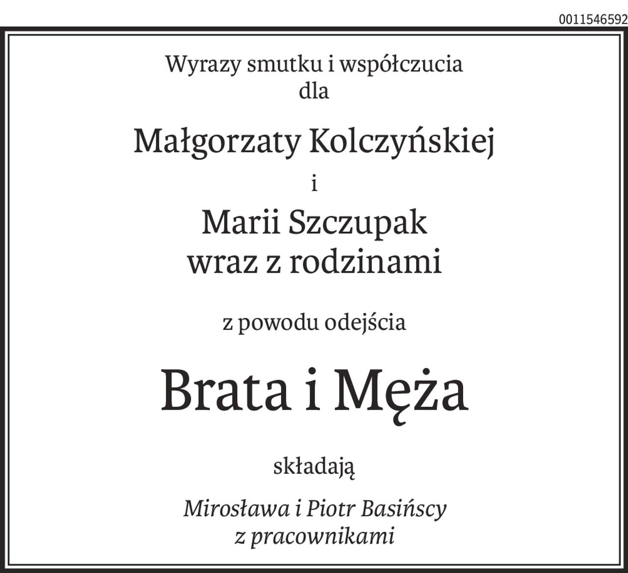 Wyrazy smutku i współczucia
dla
Małgorzaty Kolczyńskiej
i
Marii Szczupak
wraz z rodzinami
z powodu odejścia
Brata i Męża
składają
Mirosława i Piotr Basińscy
z pracownikami