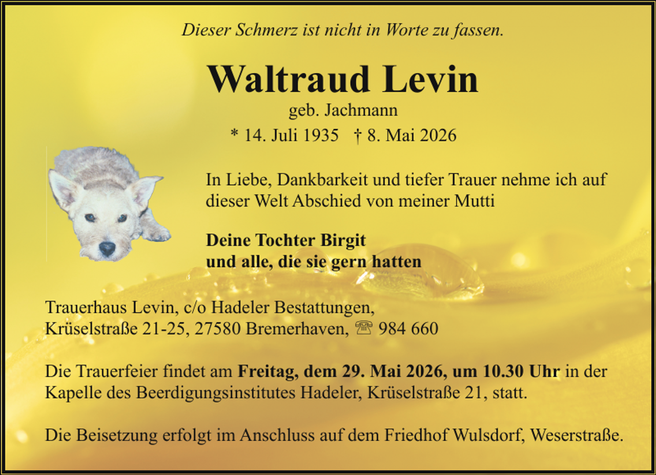 <p>Dieser Schmerz ist nicht in Worte zu fassen.</p><p>Waltraud Levin<br />geb. Jachmann<br />* 14. Juli 1935 † 8. Mai 2026</p><p>In Liebe, Dankbarkeit und tiefer Trauer nehme ich auf<br />dieser Welt Abschied von meiner Mutti<br />Deine Tochter Birgit<br />und alle, die sie gern hatten<br />Trauerhaus Levin, c/o Hadeler Bestattungen,<br />Krüselstraße 21-25, 27580 Bremerhaven, ' 984 660<br />Die Trauerfeier findet am Freitag, dem 29. Mai 2026, um 10.30 Uhr in der<br />Kapelle des Beerdigungsinstitutes Hadeler, Krüselstraße 21, statt.<br />Die Beisetzung erfolgt im Anschluss auf dem Friedhof Wulsdorf, Weserstraße.</p>