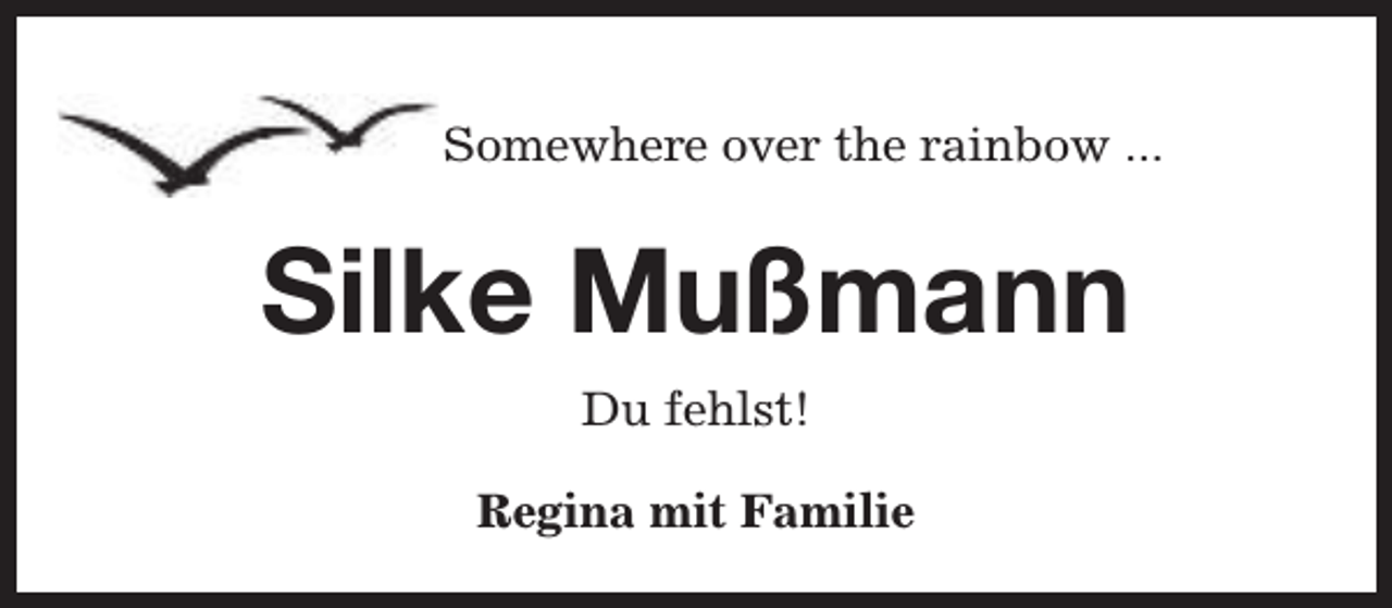 <p>Somewhere over the rainbow ...</p><p>Silke Mußmann<br />Du fehlst!<br />Regina mit Familie</p>