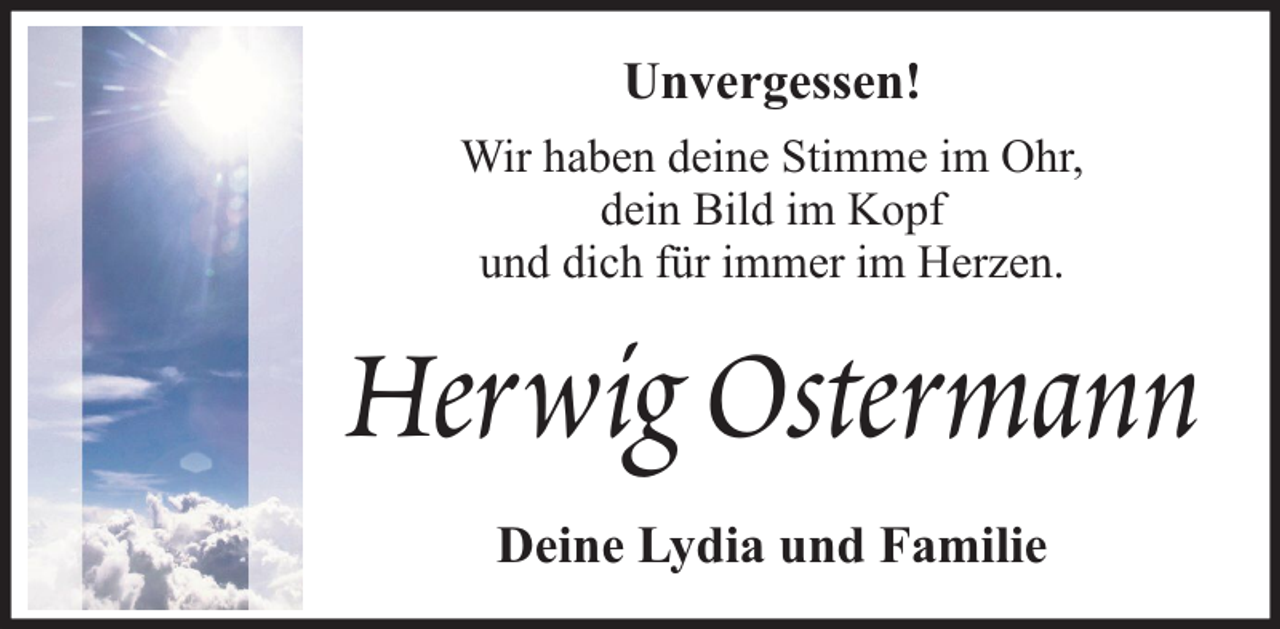 <p>Unvergessen!<br />Wir haben deine Stimme im Ohr,<br />dein Bild im Kopf<br />und dich für immer im Herzen.</p><p>Herwig Ostermann<br />Deine Lydia und Familie</p>