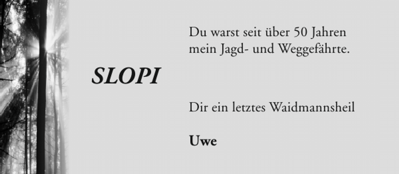 <p>Du warst seit über 50 Jahren<br />mein Jagd- und Weggefährte.</p><p>SLOPI<br />Dir ein letztes Waidmannsheil</p><p>Uwe</p>