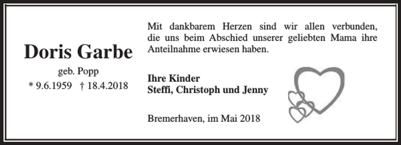 <p>Doris Garbe<br />geb. Popp<br />* 9.6.1959 † 18.4.2018</p><p>Mit dankbarem Herzen sind wir allen verbunden,<br />die uns beim Abschied unserer geliebten Mama ihre<br />Anteilnahme erwiesen haben.<br />Ihre Kinder<br />Steffi, Christoph und Jenny<br />Bremerhaven, im Mai 2018</p>