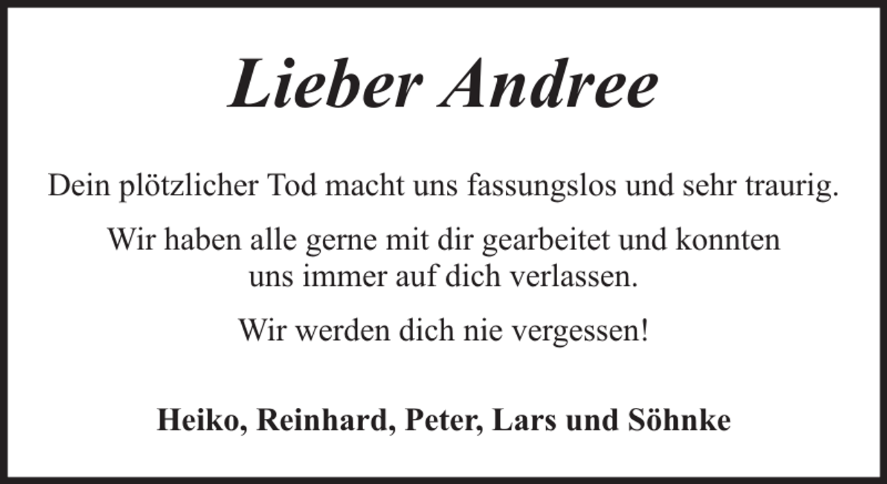 <p>Lieber Andree<br />Dein plötzlicher Tod macht uns fassungslos und sehr traurig.<br />Wir haben alle gerne mit dir gearbeitet und konnten<br />uns immer auf dich verlassen.<br />Wir werden dich nie vergessen!<br />Heiko, Reinhard, Peter, Lars und Söhnke</p>