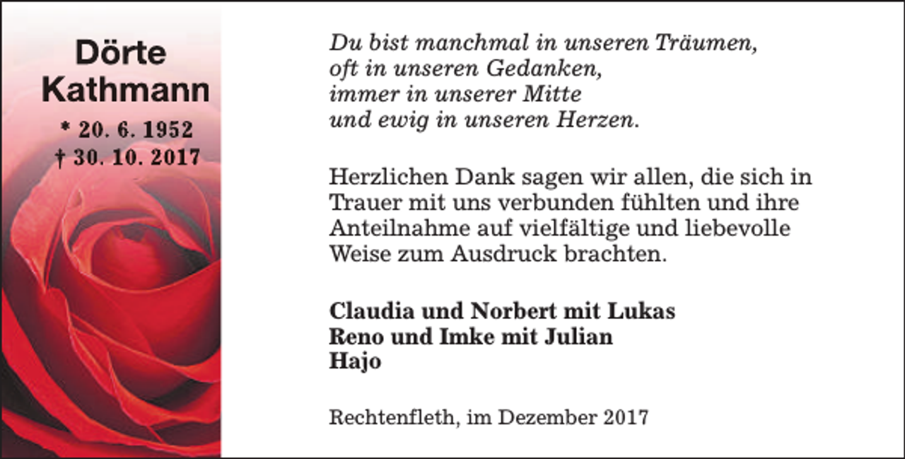 <p>Dörte<br />Kathmann<br />* 20. 6. 1952<br />† 30. 10. 2017</p><p>Du bist manchmal in unseren Träumen,<br />oft in unseren Gedanken,<br />immer in unserer Mitte<br />und ewig in unseren Herzen.<br />Herzlichen Dank sagen wir allen, die sich in<br />Trauer mit uns verbunden fühlten und ihre<br />Anteilnahme auf vielfältige und liebevolle<br />Weise zum Ausdruck brachten.<br />Claudia und Norbert mit Lukas<br />Reno und Imke mit Julian<br />Hajo<br />Rechtenfleth, im Dezember 2017</p>