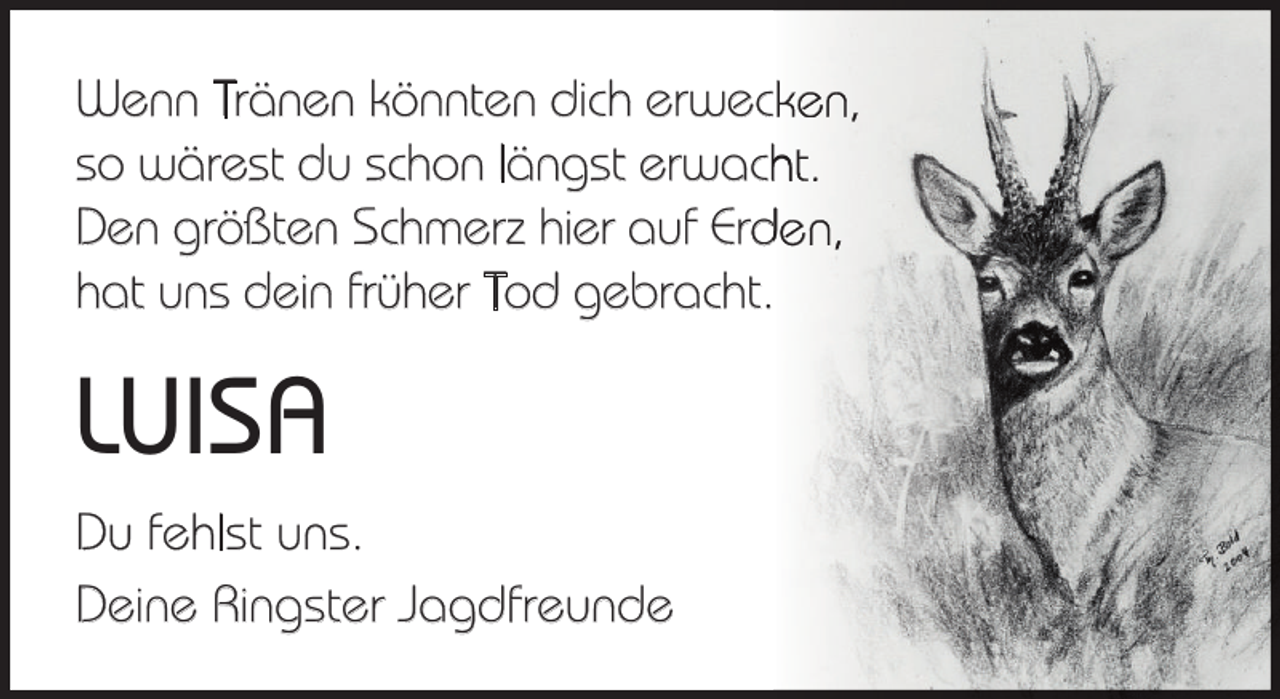 <p>Wenn Tränen könnten dich erwec<br />so wärest du schon längst erwach<br />Den größten Schmerz hier auf Erd<br />hat uns dein früher Tod gebracht.</p><p>LUISA<br />Du fehlst uns.<br />Deine Ringster Jagdfreunde</p>