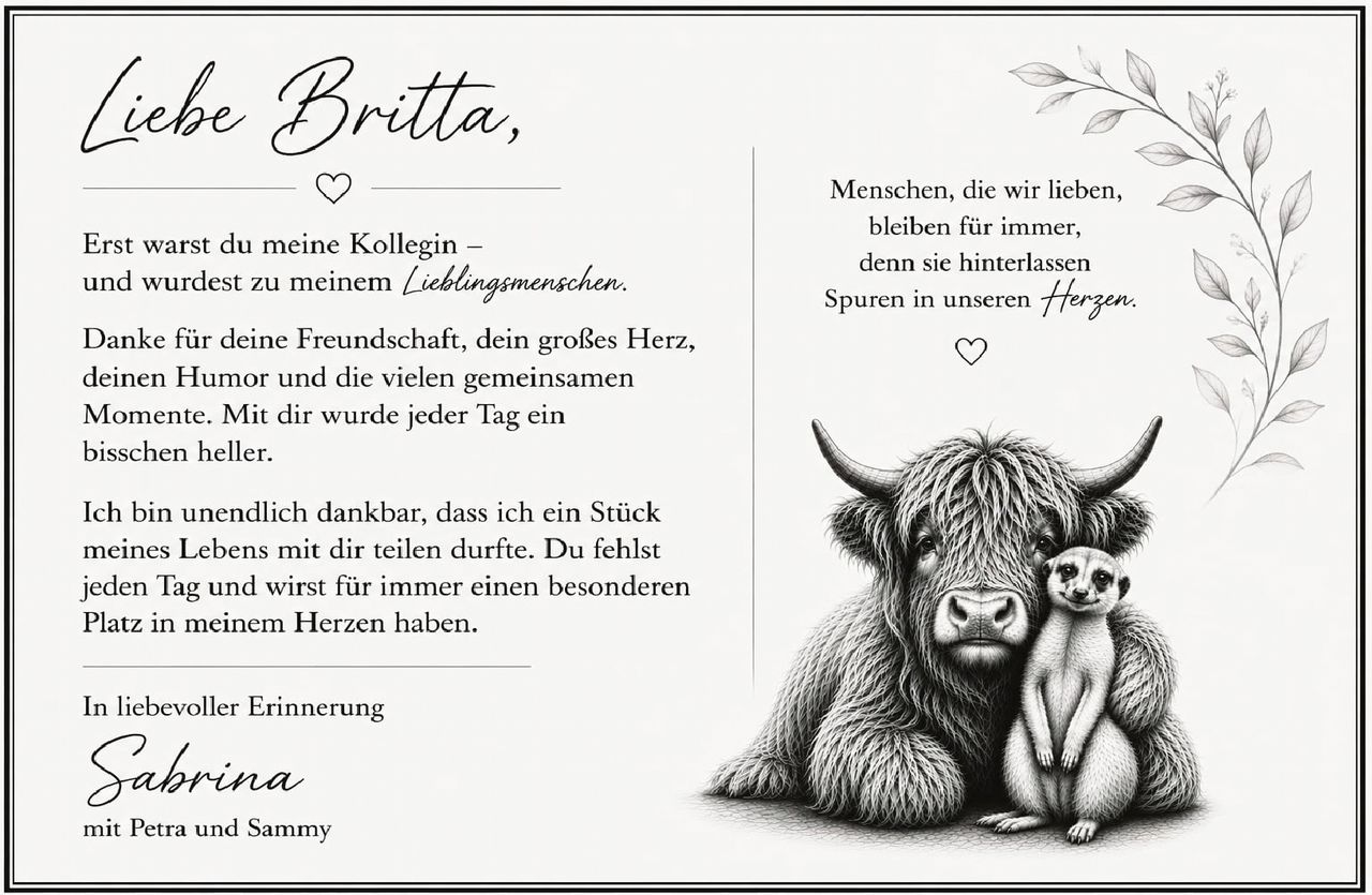 <p>Erst warst du meine Kollegin – und wurdest zu meinem <i>Lieblingenschen</i>.</p><p>Danke für deine Freundschaft, dein großes Herz, deinen Humor und die vielen gemeinsamen Momente. Mit dir wurde jeder Tag ein bisschen heller.</p><p>Ich bin unendlich dankbar, dass ich ein Stück meines Lebens mit dir teilen durfte. Du fehlst jeden Tag und wirst für immer einen besonderen Platz in meinem Herzen haben.</p><p>In liebevoller Erinnerung</p><p><strong>Sabrina</strong><br>mit Petra und Sammy</p><p>Menschen, die wir lieben, bleiben für immer, denn sie hinterlassen Spuren in unseren <i>Herzen</i>.</p>