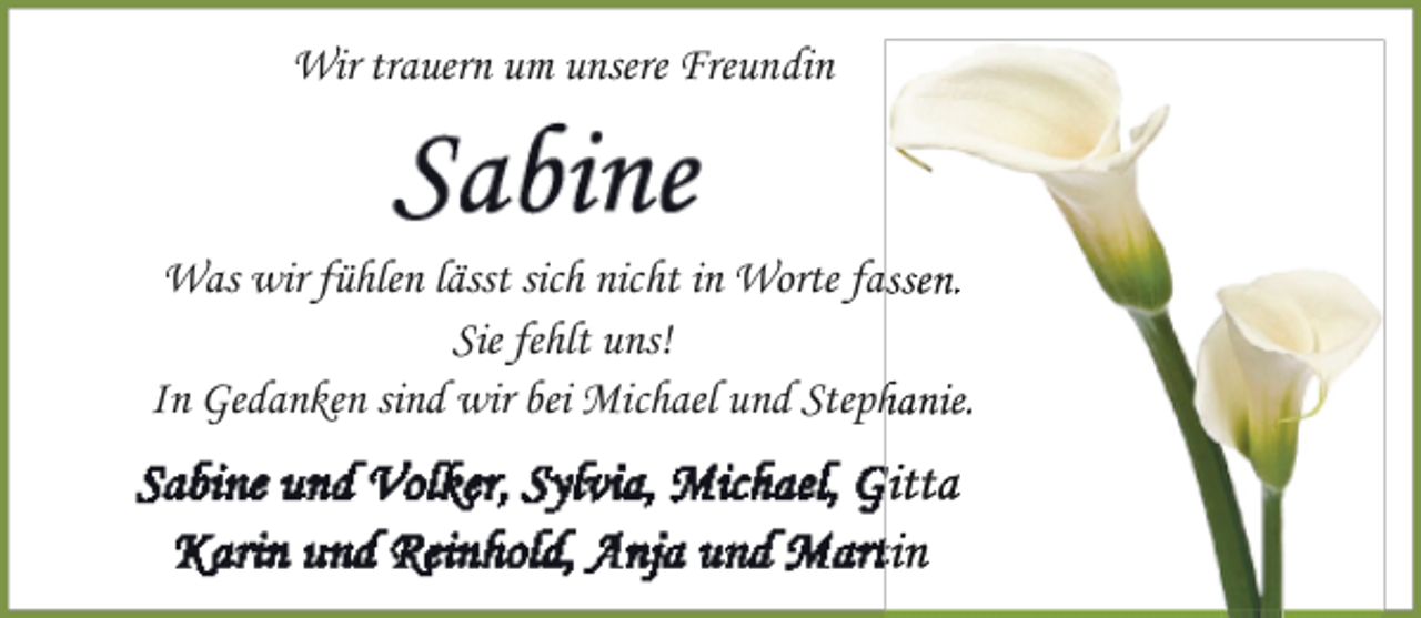 <p>Wir trauern um unsere Freundin</p><p>Was wir fühlen lässt sich nicht in Worte faassen.<br />Sie fehlt uns!<br />In Gedanken sind wir bei Michael und Stephhanie.</p>