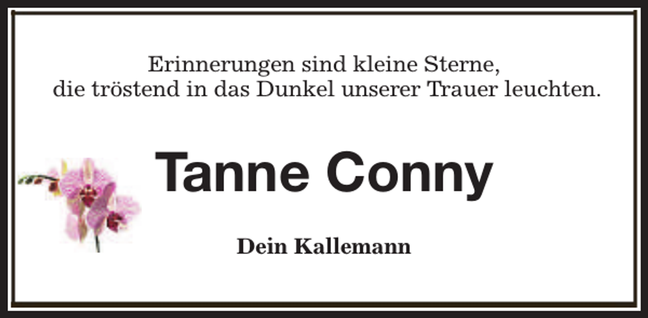 <p>Erinnerungen sind kleine Sterne,<br />die tröstend in das Dunkel unserer Trauer leuchten.</p><p>Tanne Conny<br />Dein Kallemann</p>