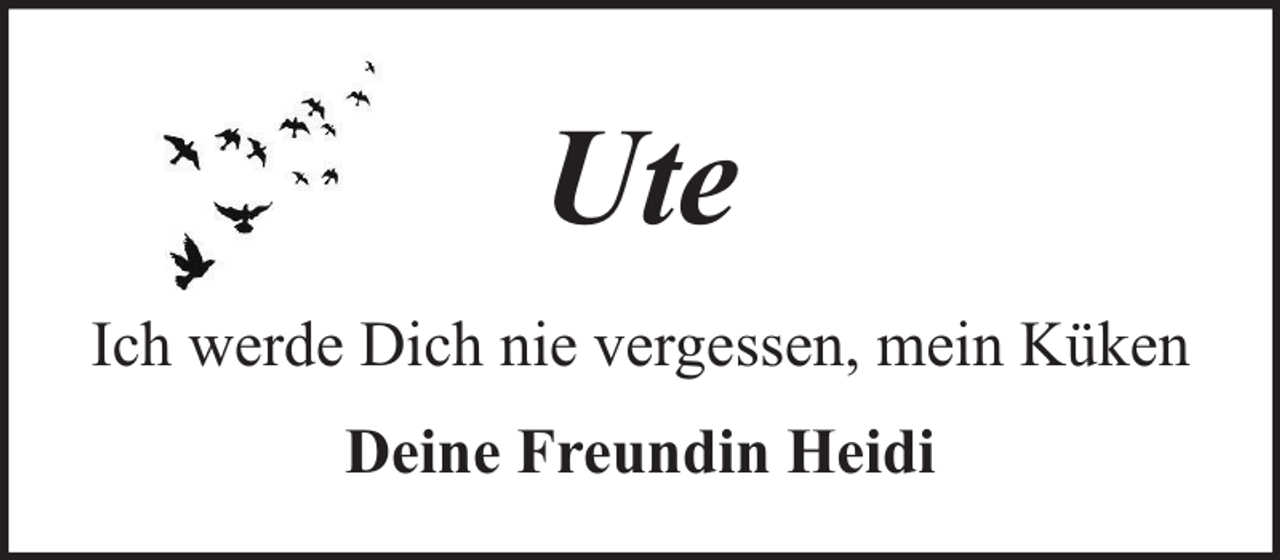 <p>Ute<br />Ich werde Dich nie vergessen, mein Küken<br />Deine Freundin Heidi</p>