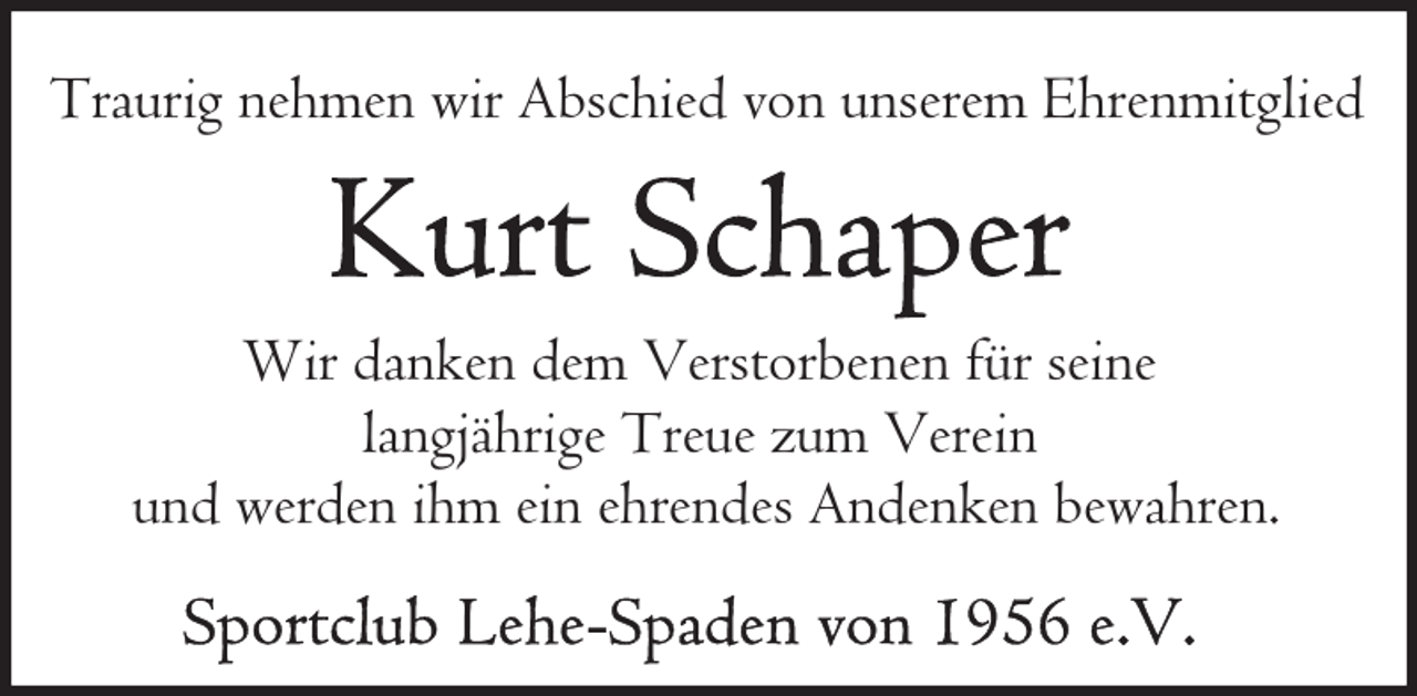<p>Traurig nehmen wir Abschied von unserem Ehrenmitglied</p>
<p>Wir danken dem Verstorbenen für seine<br />langjährige Treue zum Verein<br />und werden ihm ein ehrendes Andenken bewahren.</p>