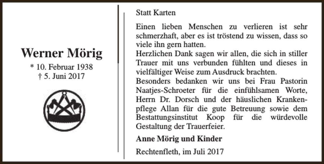 <p>Statt Karten</p><p>Werner Mörig<br />* 10. Februar 1938<br />† 5. Juni 2017</p><p>Einen lieben Menschen zu verlieren ist sehr<br />schmerzhaft, aber es ist tröstend zu wissen, dass so<br />viele ihn gern hatten.<br />Herzlichen Dank sagen wir allen, die sich in stiller<br />Trauer mit uns verbunden fühlten und dieses in<br />vielfältiger Weise zum Ausdruck brachten.<br />Besonders bedanken wir uns bei Frau Pastorin<br />Naatjes-Schroeter für die einfühlsamen Worte,<br />Herrn Dr. Dorsch und der häuslichen Krankenpflege Allan für die gute Betreuung sowie dem<br />Bestattungsinstitut Koop für die würdevolle<br />Gestaltung der Trauerfeier.<br />Anne Mörig und Kinder<br />Rechtenfleth, im Juli 2017</p>