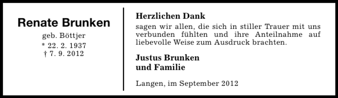 <p>Renate Brunken<br />geb. Böttjer<br />* 22. 2. 1937<br />† 7. 9. 2012</p><p>Herzlichen Dank</p><p>sagen wir allen, die sich in stiller Trauer mit uns<br />verbunden fühlten und ihre Anteilnahme auf<br />liebevolle Weise zum Ausdruck brachten.</p><p>Justus Brunken<br />und Familie<br />Langen, im September 2012</p>