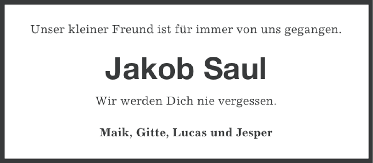 <p>Unser kleiner Freund ist für immer von uns gegangen.</p>
<p>Jakob Saul<br />Wir werden Dich nie vergessen.<br />Maik, Gitte, Lucas und Jesper</p>