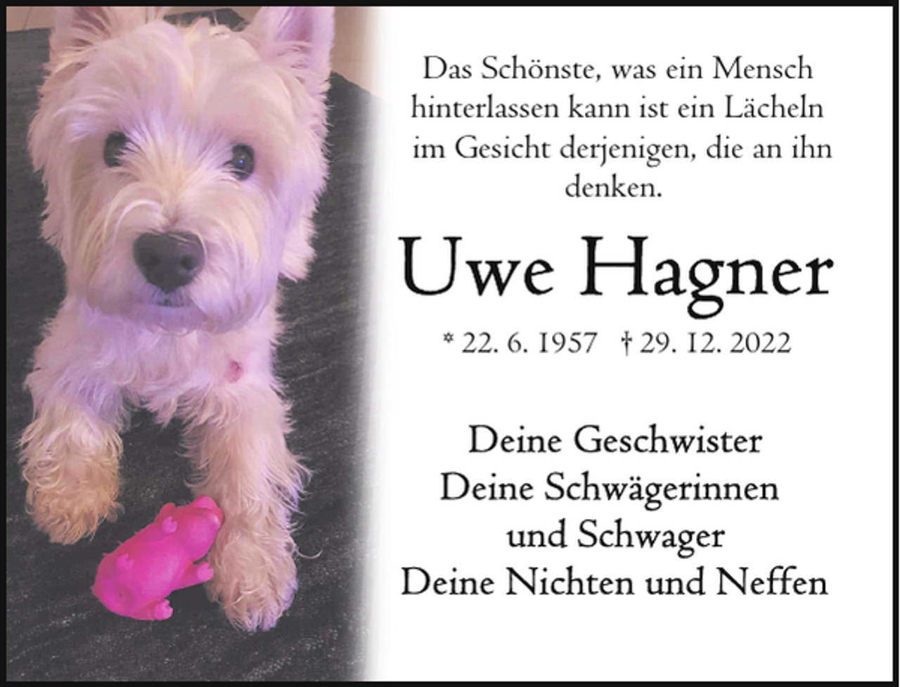 <p>Das Schönste, was ein Mensch<br />hinterlassen kann ist ein Lächeln<br />im Gesicht derjenigen, die an ihn<br />denken.</p><p>* 22. 6. 1957 † 29. 12. 2022</p>