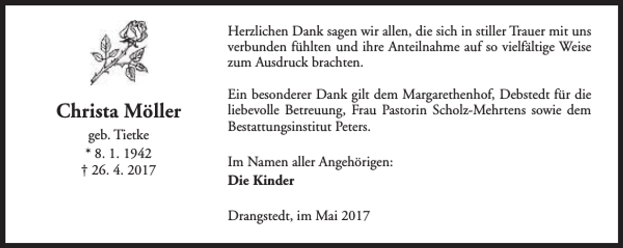 <p>Herzlichen Dank sagen wir allen, die sich in stiller Trauer mit uns<br />verbunden fühlten und ihre Anteilnahme auf so vielfältige Weise<br />zum Ausdruck brachten.</p><p>Christa Möller<br />geb. Tietke<br />* 8. 1. 1942<br />† 26. 4. 2017</p><p>Ein besonderer Dank gilt dem Margarethenhof, Debstedt für die<br />liebevolle Betreuung, Frau Pastorin Scholz-Mehrtens sowie dem<br />Bestattungsinstitut Peters.<br />Im Namen aller Angehörigen:<br />Die Kinder<br />Drangstedt, im Mai 2017</p>