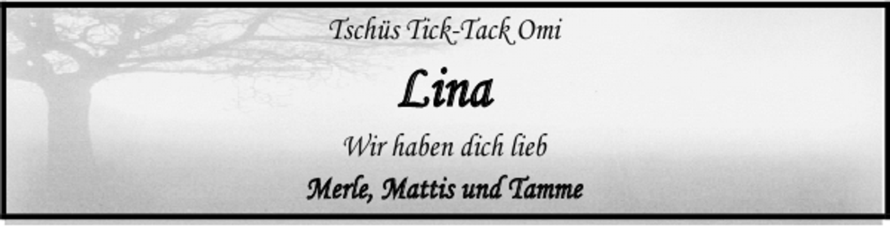 <p>Tschüs Tick-Tack Omi</p><p>Lina</p><p>Wir haben dich lieb<br />a<br />n a<br />Merle, Mattis und Tamme</p>