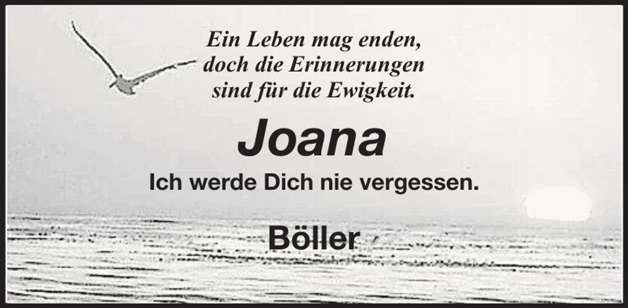 <p>Ein Leben mag enden,<br />doch die Erinnerungen<br />sind für die Ewigkeit.</p><p>Joana</p><p>Ich werde Dich nie vergessen.</p><p>Böller</p>
