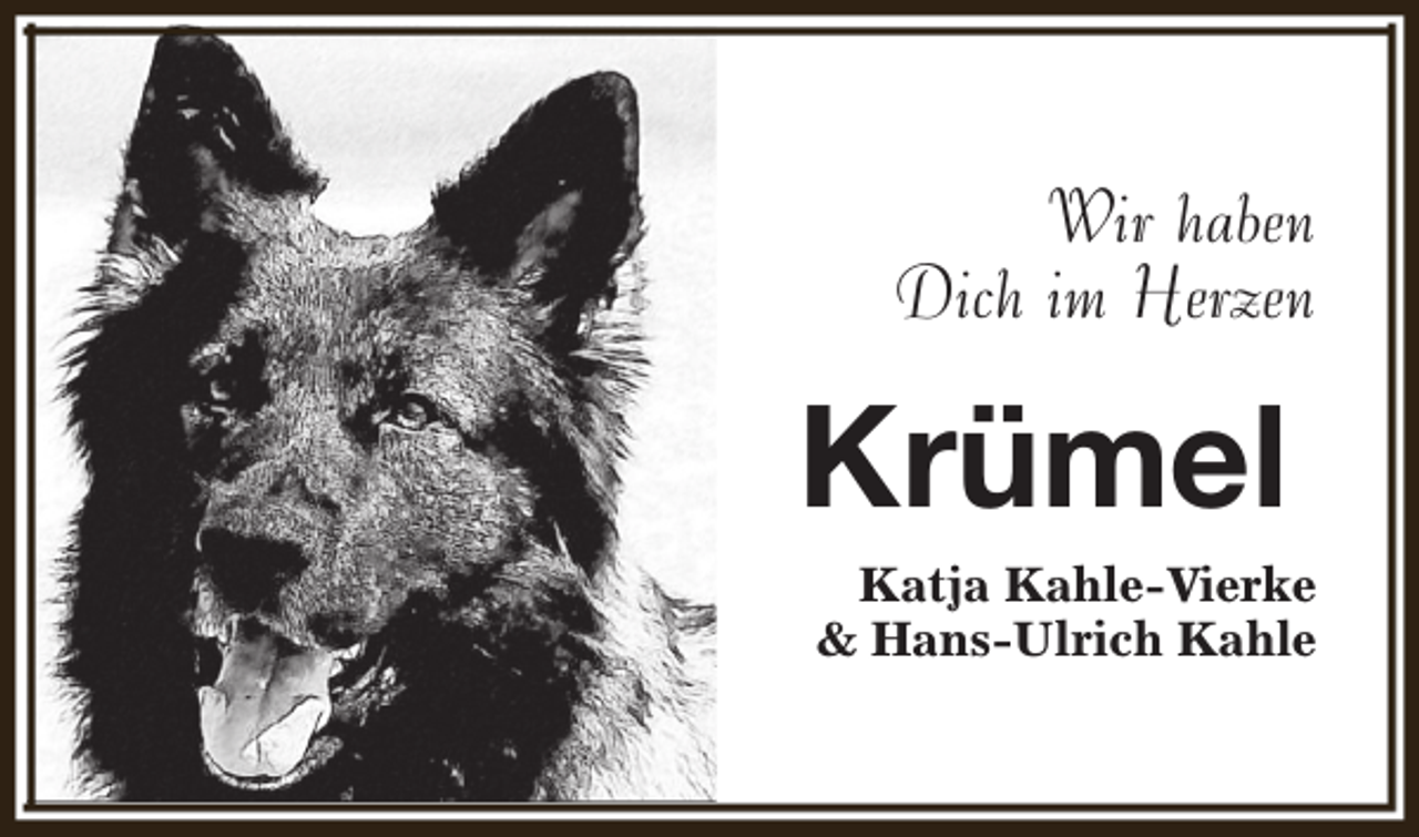 <p>Wir haben<br />Dich im Herzen</p><p>Krümel</p><p>Katja Kahle-Vierke<br />&amp; Hans-Ulrich Kahle</p>