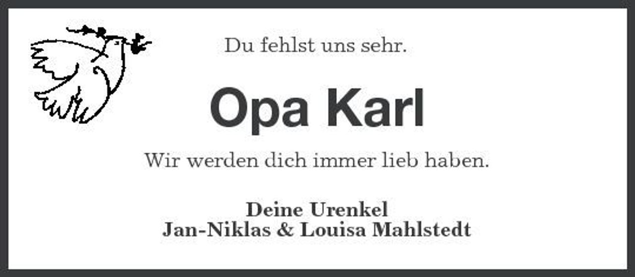 <p>Du fehlst uns sehr.</p><p>Opa Karl<br />Wir werden dich immer lieb haben. Deine Urenkel Jan-Niklas &amp; Louisa Mahlstedt</p>