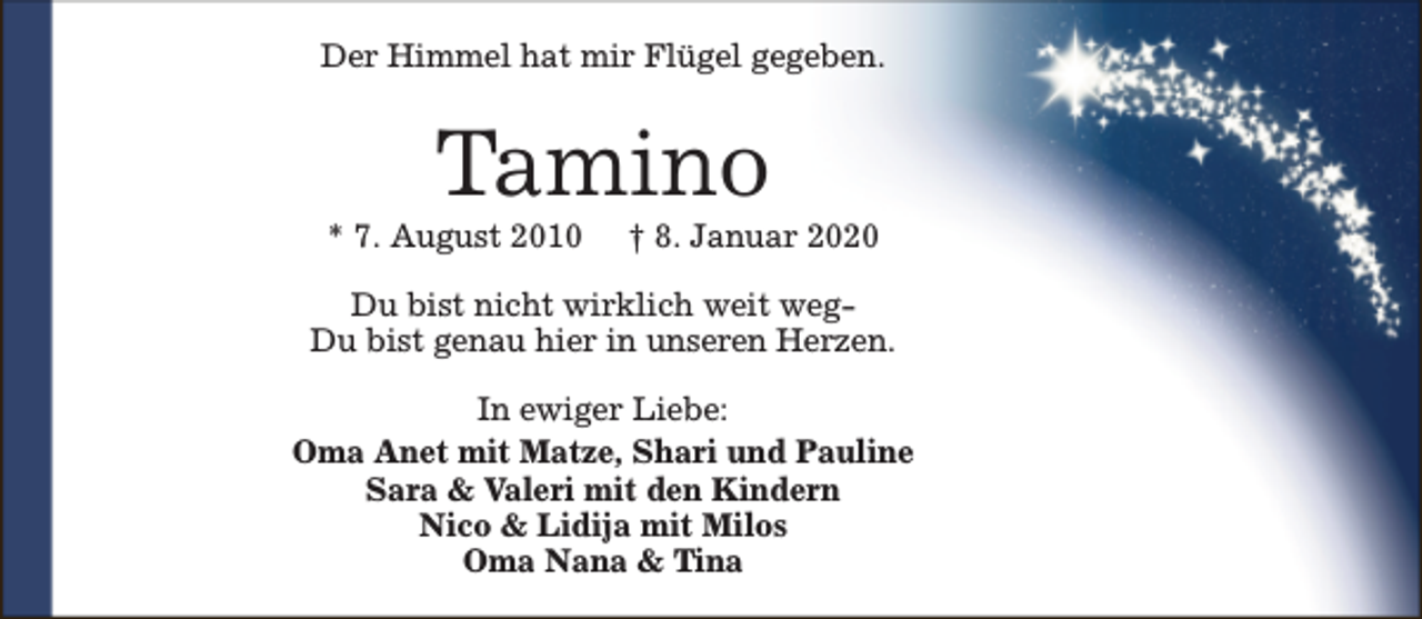 <p>Der Himmel hat mir Flügel gegeben.</p><p>Tamino</p><p>* 7. August 2010</p><p>† 8. Januar 2020</p><p>Du bist nicht wirklich weit wegDu bist genau hier in unseren Herzen.<br />In ewiger Liebe:<br />Oma Anet mit Matze, Shari und Pauline<br />Sara &amp; Valeri mit den Kindern<br />Nico &amp; Lidija mit Milos<br />Oma Nana &amp; Tina</p>