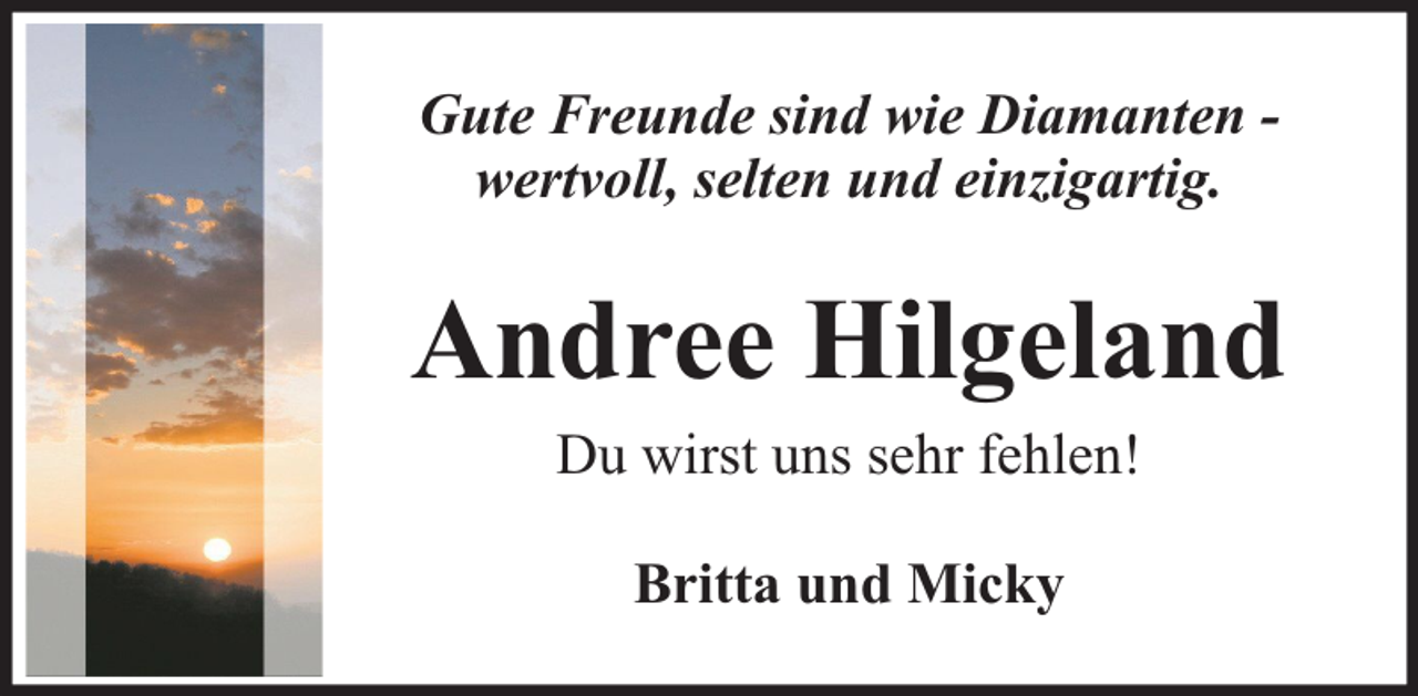 <p>Gute Freunde sind wie Diamanten wertvoll, selten und einzigartig.</p><p>Andree Hilgeland<br />Du wirst uns sehr fehlen!<br />Britta und Micky</p>