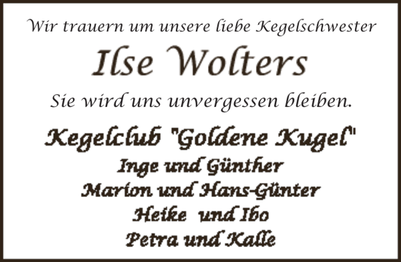 <p>Wir trauern um unsere liebe Kegelschwester</p><p>Sie wird uns unvergessen bleiben.</p>