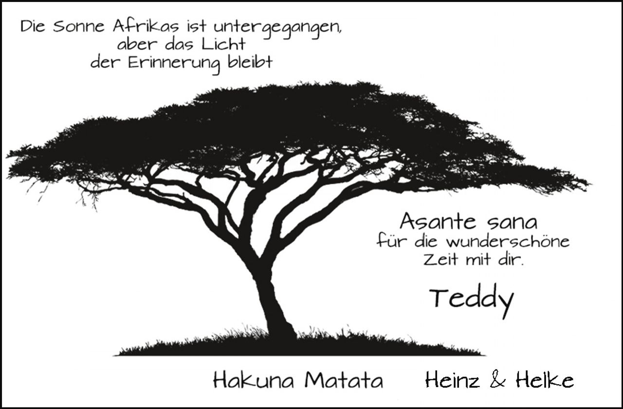 <p>Die Sonne Afrikas ist untergegangen, aber das Licht der Erinnerung bleibt</p><p>Asante sana für die wunderschöne Zeit mit dir.</p><p><strong>Teddy</strong></p><p>Hakuna Matata - Heinz & Helke</p>