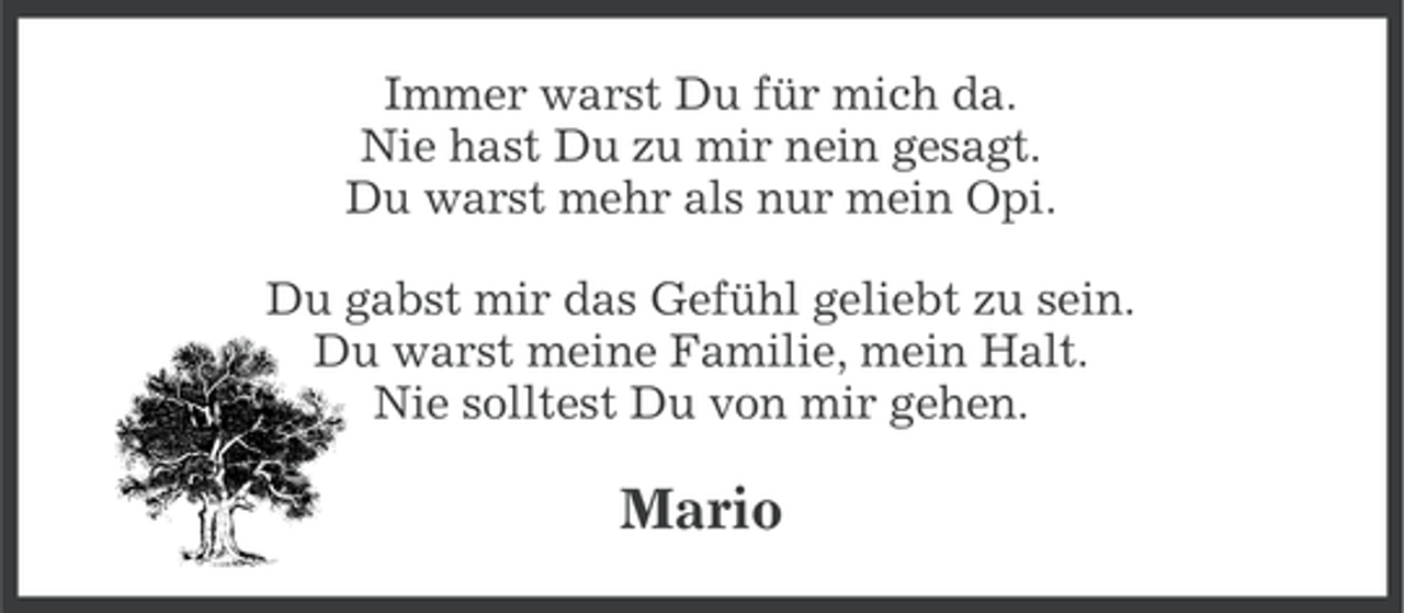 <p>Immer warst Du für mich da.<br />Nie hast Du zu mir nein gesagt.<br />Du warst mehr als nur mein Opi.<br />Du gabst mir das Gefühl geliebt zu sein.<br />Du warst meine Familie, mein Halt.<br />Nie solltest Du von mir gehen.</p><p>Mario</p>