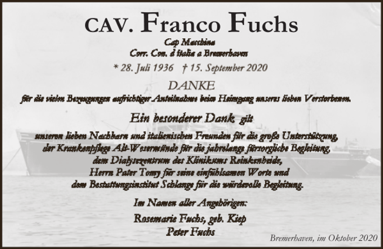 <p>CAV. Franco Fuchs</p><p>Bremerhaven, im Oktober 2020</p>