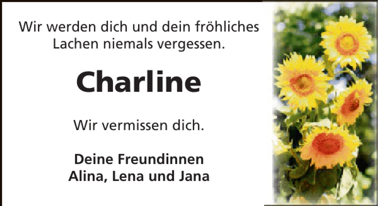 <p>Wir werden dich und dein fröhliches<br />Lachen niemals vergessen.</p><p>Charline<br />Wir vermissen dich.<br />Deine Freundinnen<br />Alina, Lena und Jana</p>