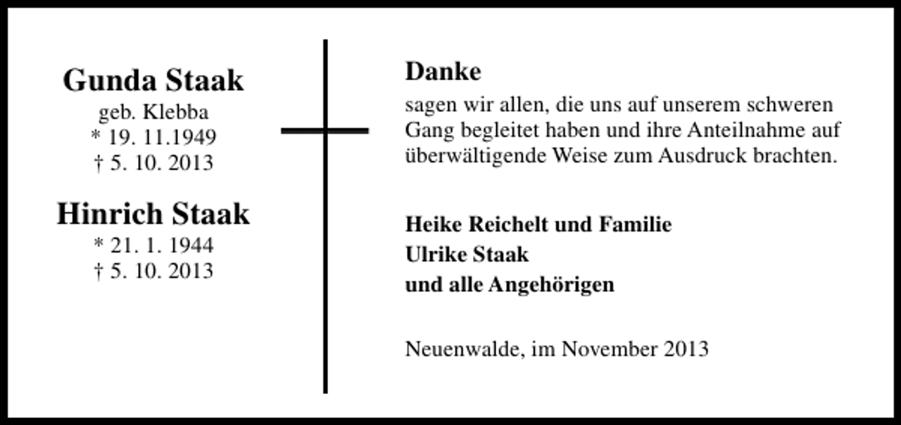 <p>Gunda Staak<br />geb. Klebba<br />* 19. 11.1949<br />† 5. 10. 2013</p><p>Hinrich Staak<br />* 21. 1. 1944<br />† 5. 10. 2013</p><p>Danke<br />sagen wir allen, die uns auf unserem schweren<br />Gang begleitet haben und ihre Anteilnahme auf<br />überwältigende Weise zum Ausdruck brachten.<br />Heike Reichelt und Familie<br />Ulrike Staak<br />und alle Angehörigen<br />Neuenwalde, im November 2013</p>