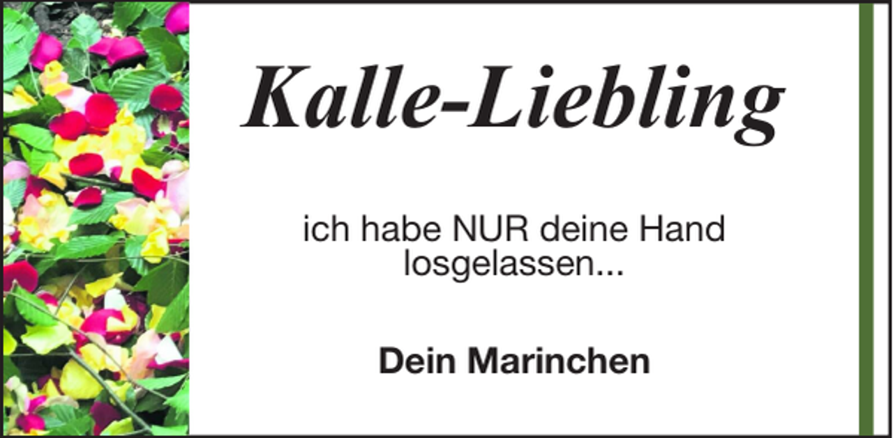<p>Kalle-Liebling<br />ich habe NUR deine Hand<br />losgelassen...<br />Dein Marinchen</p>