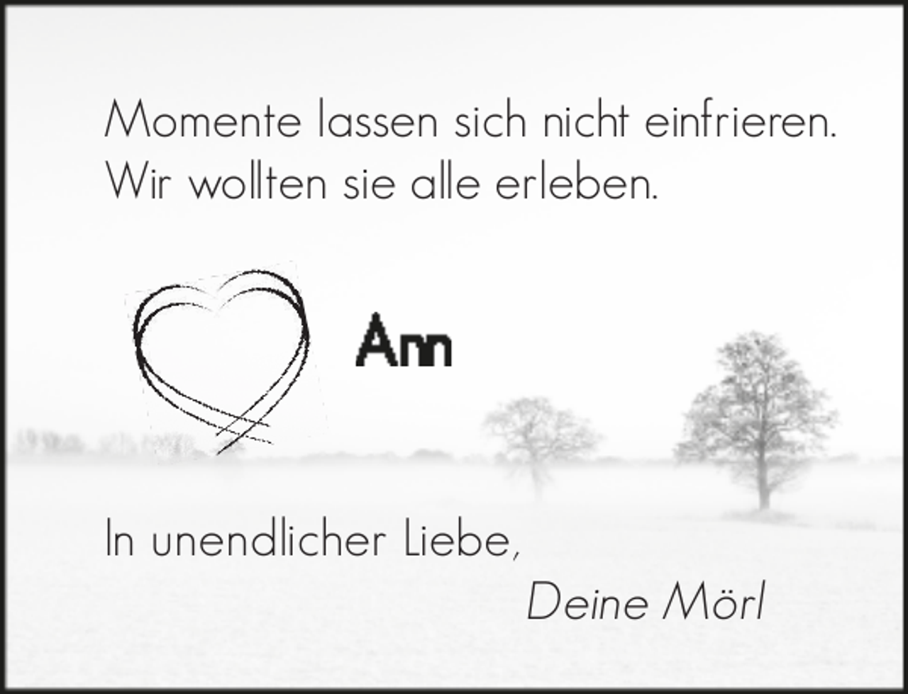 <p>Momente lassen sich nicht einfrieren.<br />Wir wollten sie alle erleben.</p><p>n<br />In unendlicher Liebe,</p><p>Deine Mörl</p>
