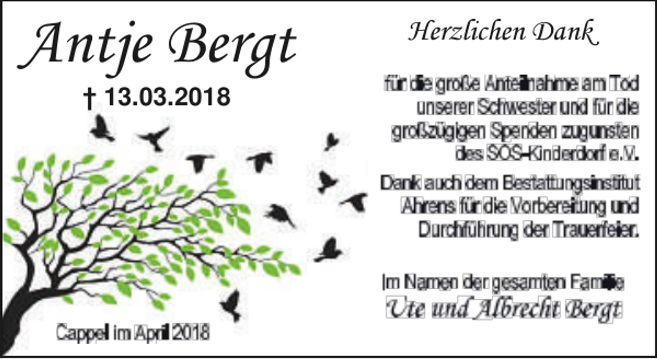 <p>Antje Bergt<br />† 13.03.2018</p><p>Herzlichen Dank</p>