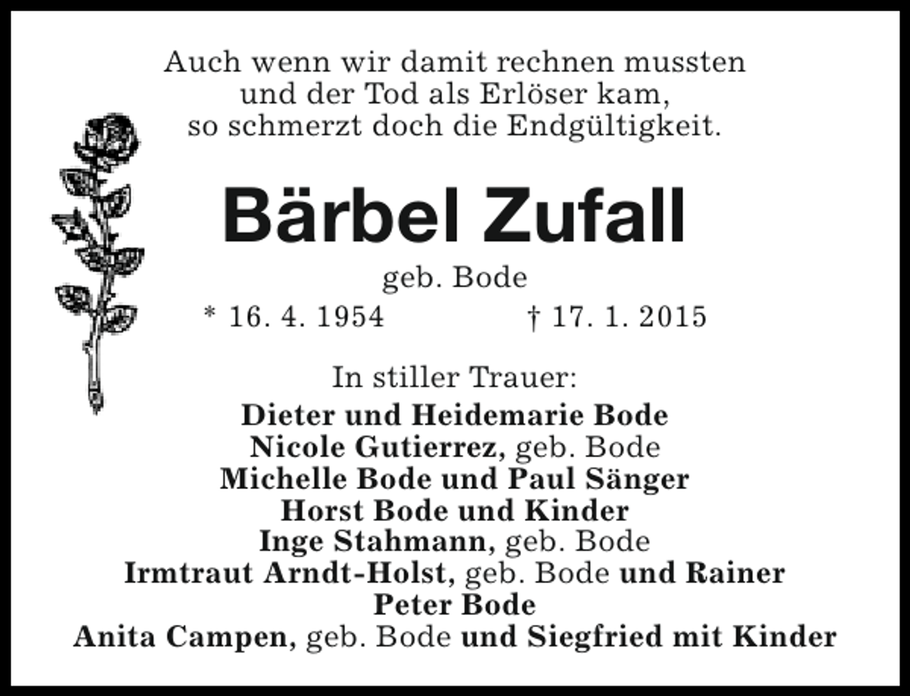 <p>Auch wenn wir damit rechnen mussten<br />und der Tod als Erlöser kam,<br />so schmerzt doch die Endgültigkeit.</p><p>Bärbel Zufall</p><p>geb. Bode<br />* 16. 4. 1954<br />† 17. 1. 2015<br />In stiller Trauer:<br />Dieter und Heidemarie Bode<br />Nicole Gutierrez, geb. Bode<br />Michelle Bode und Paul Sänger<br />Horst Bode und Kinder<br />Inge Stahmann, geb. Bode<br />Irmtraut Arndt-Holst, geb. Bode und Rainer<br />Peter Bode<br />Anita Campen, geb. Bode und Siegfried mit Kinder</p>
