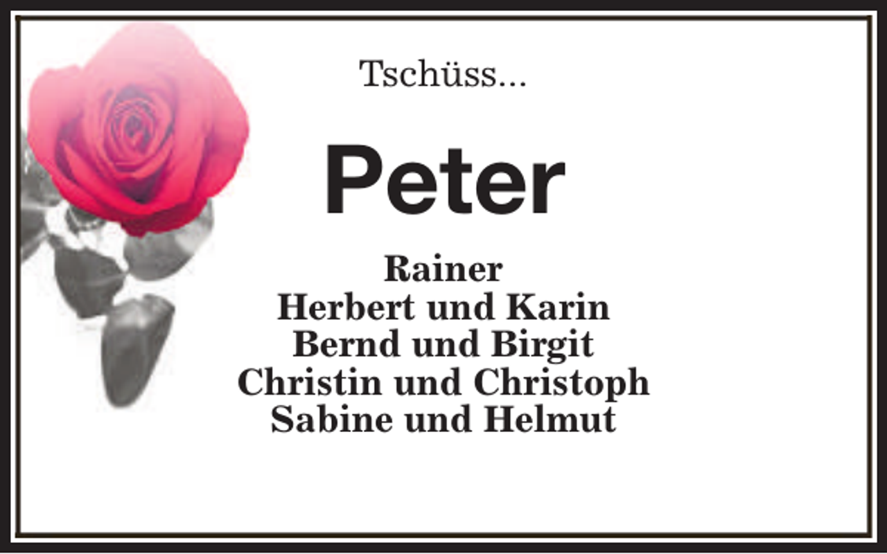 <p>Tschüss...</p><p>Peter</p><p>Rainer<br />Herbert und Karin<br />Bernd und Birgit<br />Christin und Christoph<br />Sabine und Helmut</p>