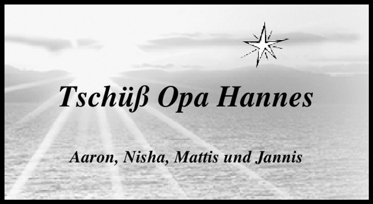 <p>Tschüß Opa Hannes<br />Aaron, Nisha, Mattis und Jannis</p>