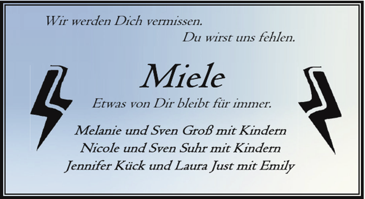 <p>Wir werden Dich vermissen.<br />.<br />Du wirst uns fehlen.</p>
<p>Etwas von Dir bleibt für immer.</p>