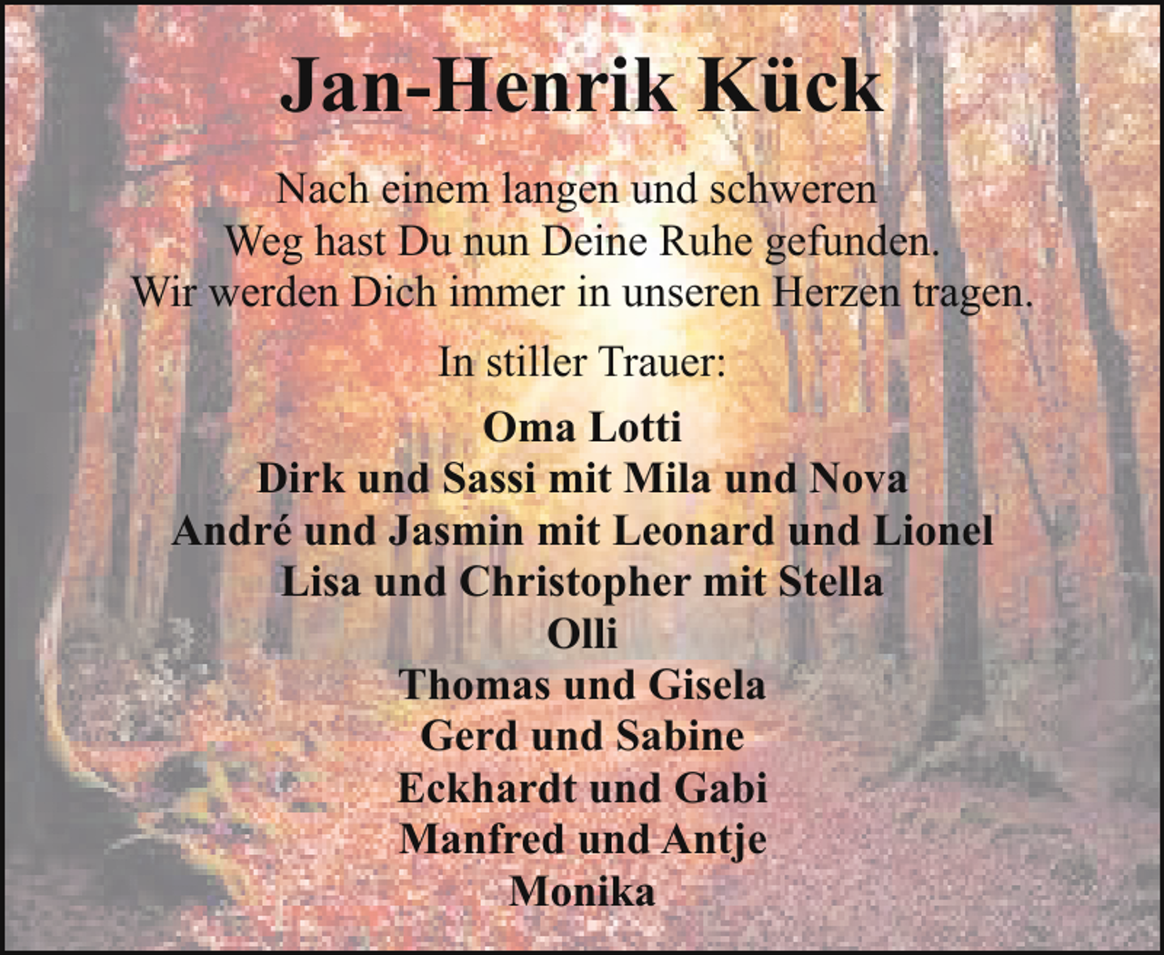 <p>Jan-Henrik Kück<br />Nach einem langen und schweren<br />Weg hast Du nun Deine Ruhe gefunden.<br />Wir werden Dich immer in unseren Herzen tragen.<br />In stiller Trauer:<br />Oma Lotti<br />Dirk und Sassi mit Mila und Nova<br />André und Jasmin mit Leonard und Lionel<br />Lisa und Christopher mit Stella<br />Olli<br />Thomas und Gisela<br />Gerd und Sabine<br />Eckhardt und Gabi<br />Manfred und Antje<br />Monika</p>