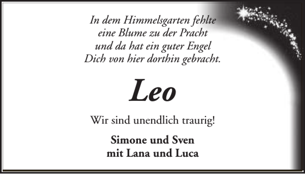 <p>In dem Himmelsgarten fehlte<br />eine Blume zu der Pracht<br />und da hat ein guter Engel<br />Dich von hier dorthin gebracht.</p><p>Leo<br />Wir sind unendlich traurig!<br />Simone und Sven<br />mit Lana und Luca</p>