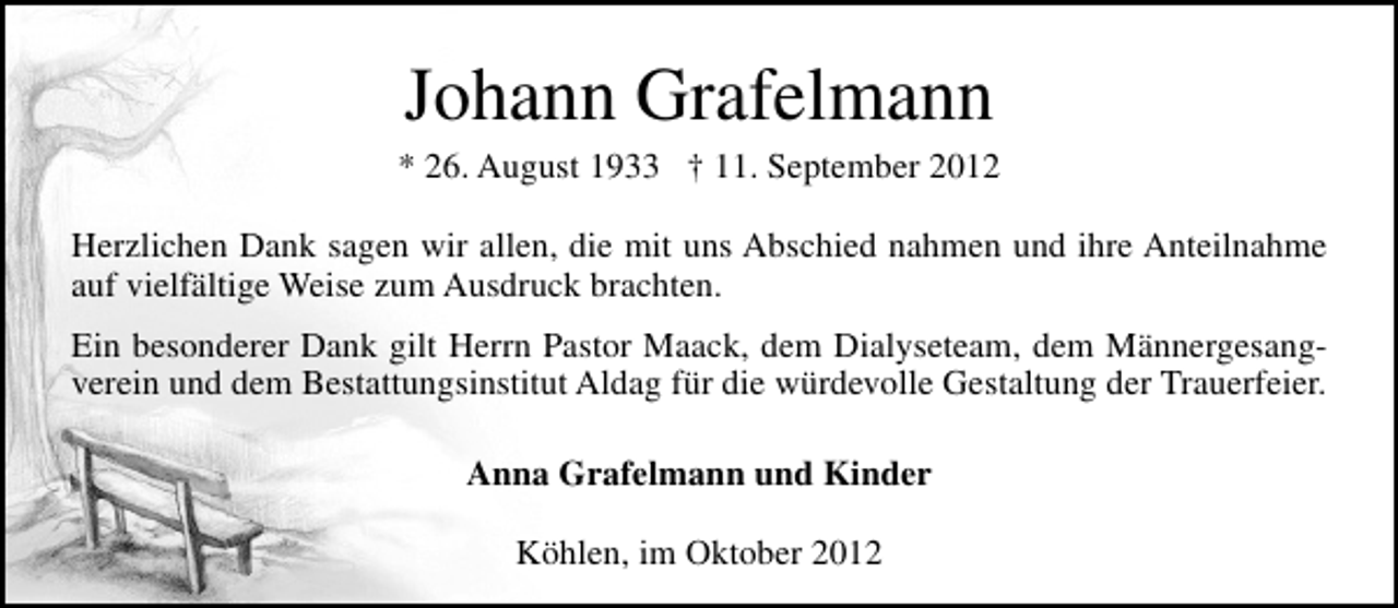 <p>Johann Grafelmann</p><p>* 26. August 1933 † 11. September 2012<br />Herzlichen Dank sagen wir allen, die mit uns Abschied nahmen und ihre Anteilnahme<br />auf vielfältige Weise zum Ausdruck brachten.<br />Ein besonderer Dank gilt Herrn Pastor Maack, dem Dialyseteam, dem Männergesangverein und dem Bestattungsinstitut Aldag für die würdevolle Gestaltung der Trauerfeier.<br />Anna Grafelmann und Kinder<br />Köhlen, im Oktober 2012</p>