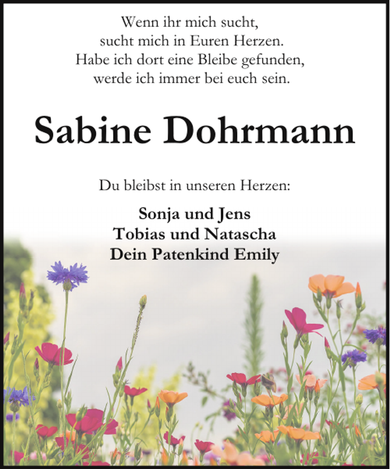 <p>Wenn ihr mich sucht,<br />sucht mich in Euren Herzen.<br />Habe ich dort eine Bleibe gefunden,<br />werde ich immer bei euch sein.</p><p>Sabine Dohrmann<br />Du bleibst in unseren Herzen:</p><p>Sonja und Jens<br />Tobias und Natascha<br />Dein Patenkind Emily</p>