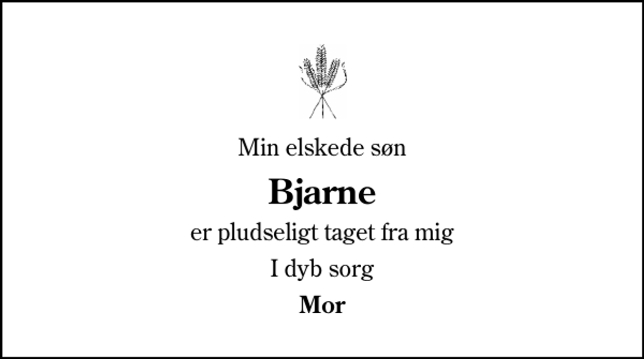 <p>Min elskede søn<br />Bjarne<br />er pludseligt taget fra mig<br />I dyb sorg<br />Mor</p>