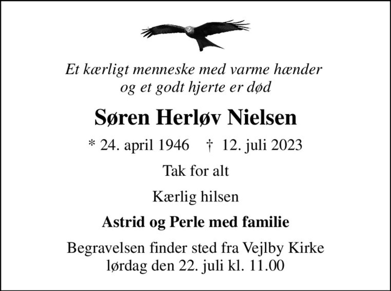 Et kærligt menneske med varme hænder  og et godt hjerte er død
Søren Herløv Nielsen
* 24. april 1946    ✝ 12. juli 2023
Tak for alt
Kærlig hilsen
Astrid og Perle med familie
Begravelsen finder sted fra Vejlby Kirke  lørdag den 22. juli kl. 11.00